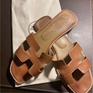 Hermes Tan Leather Slide Sandals authentic.